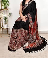 Black Ajrakh Digital Printed Soft Silk Saree with Rich Red Pallu