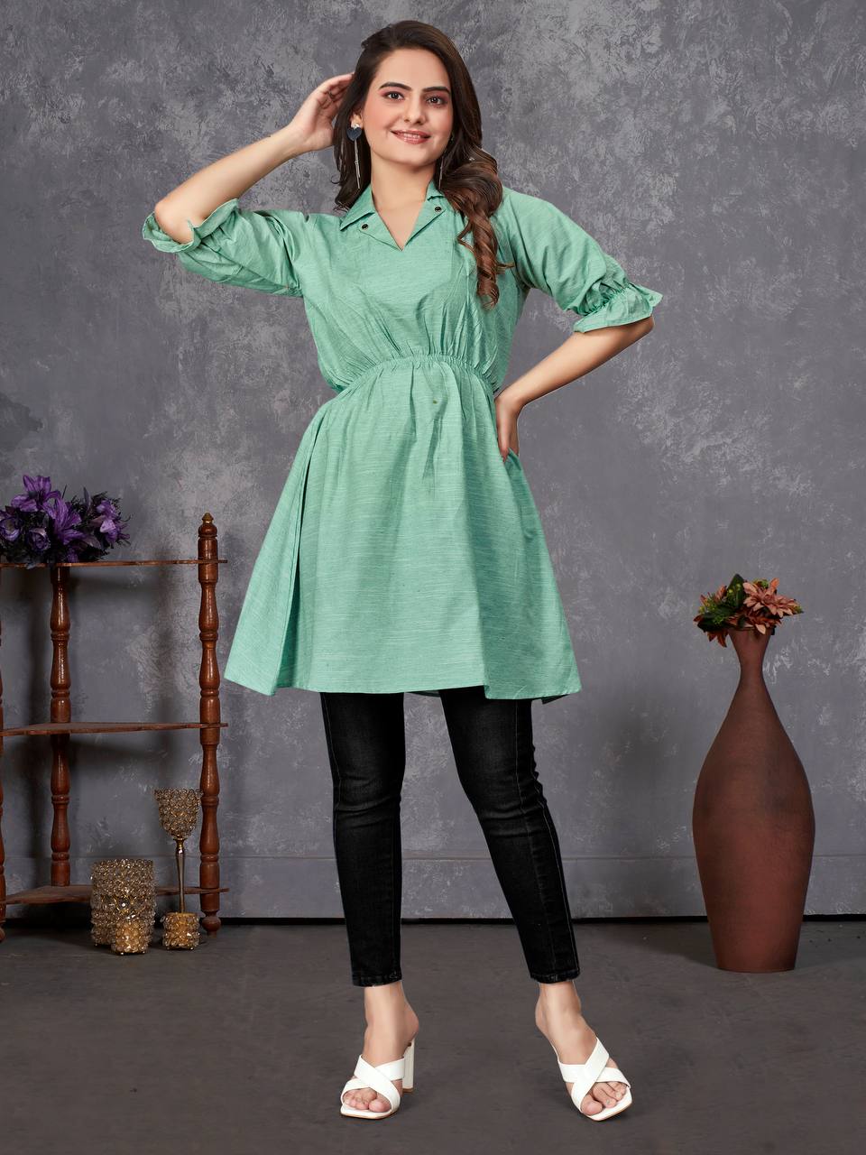 Elegant Rose Pink Gathered Tunic for Women