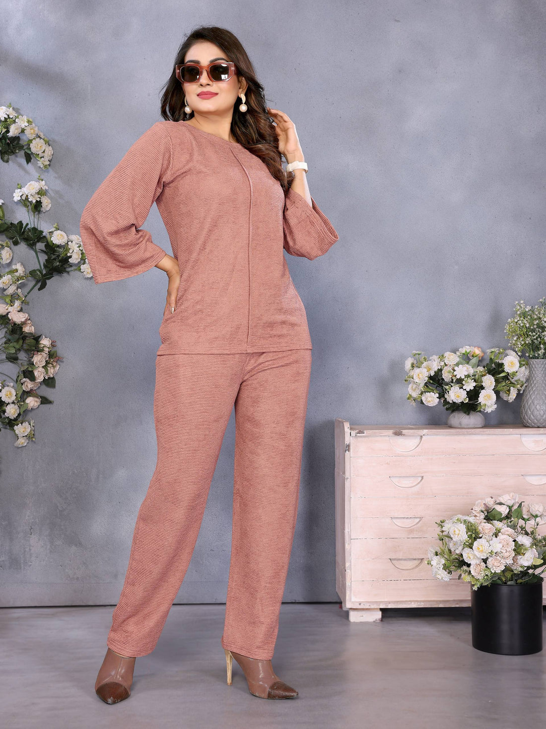 Elegant Peach Textured Co-Ord Set for Women | Stylish Top & Pant Set