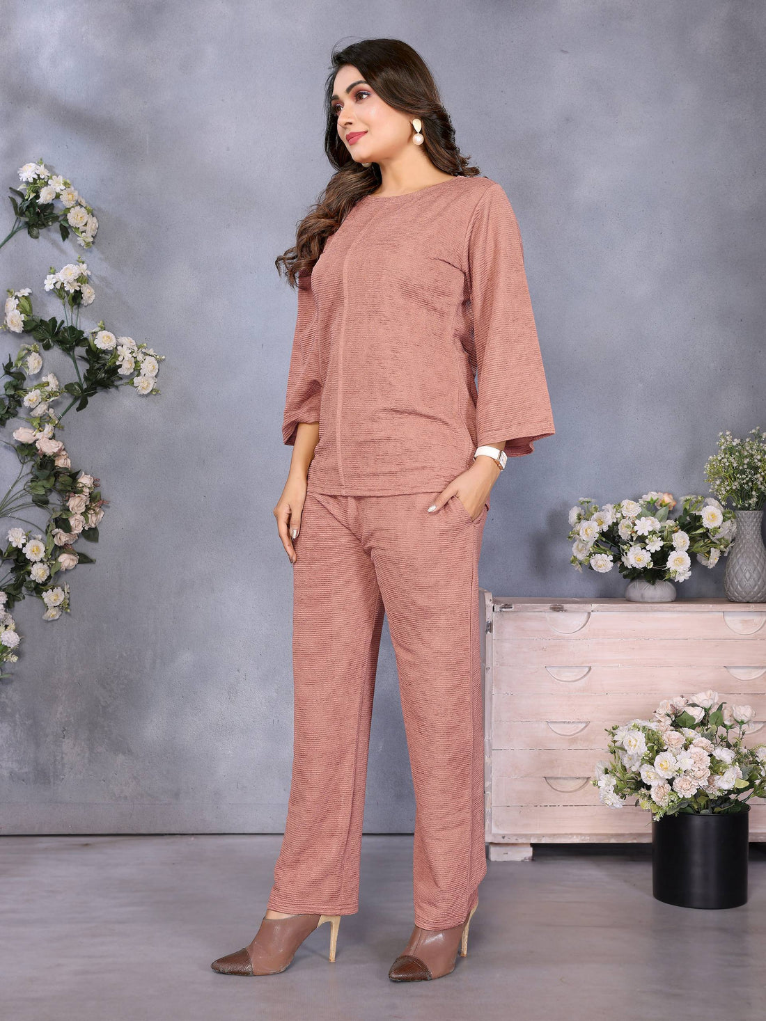 Elegant Peach Textured Co-Ord Set for Women | Stylish Top & Pant Set