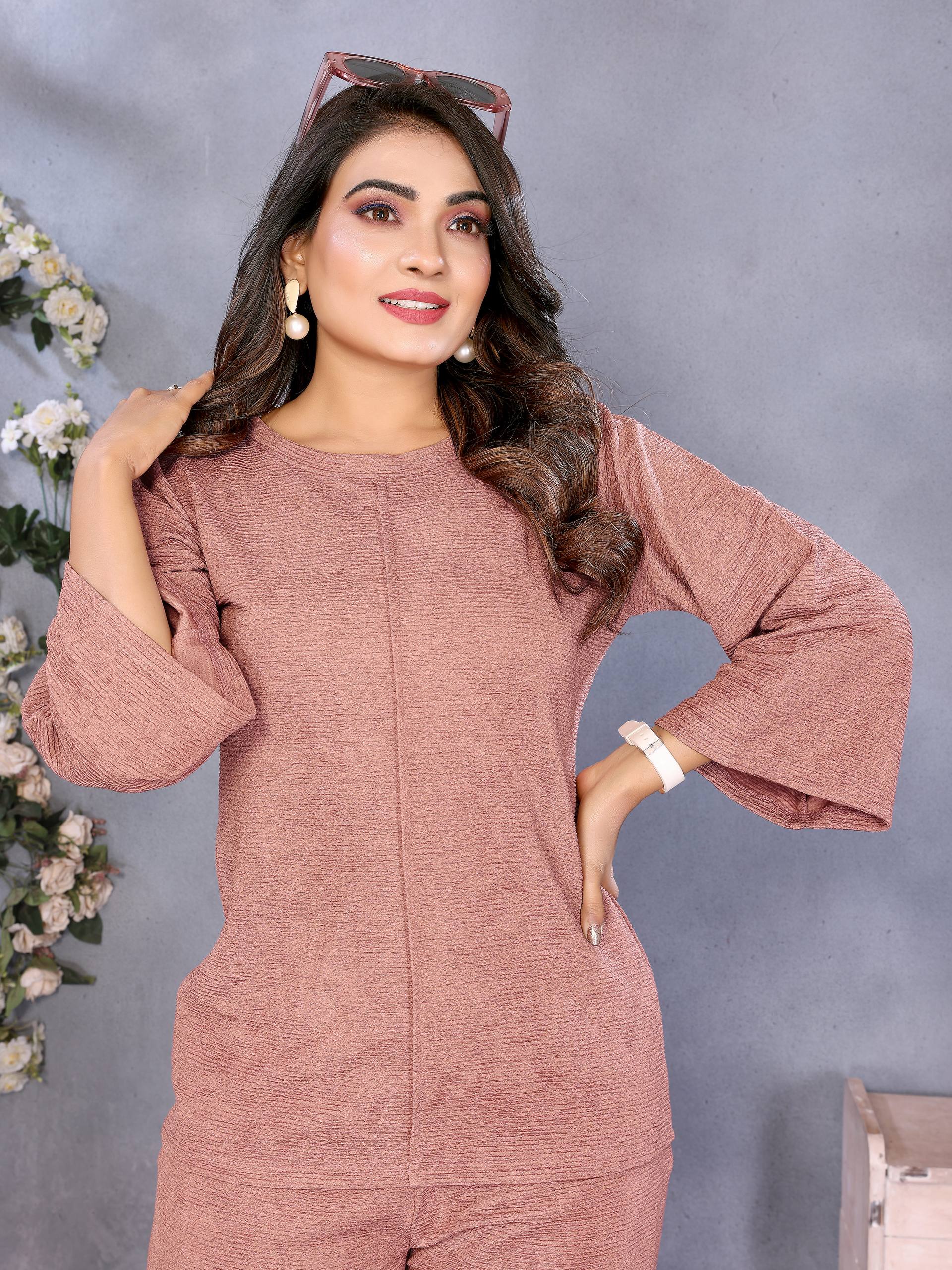 Elegant Peach Textured Co-Ord Set for Women | Stylish Top & Pant Set