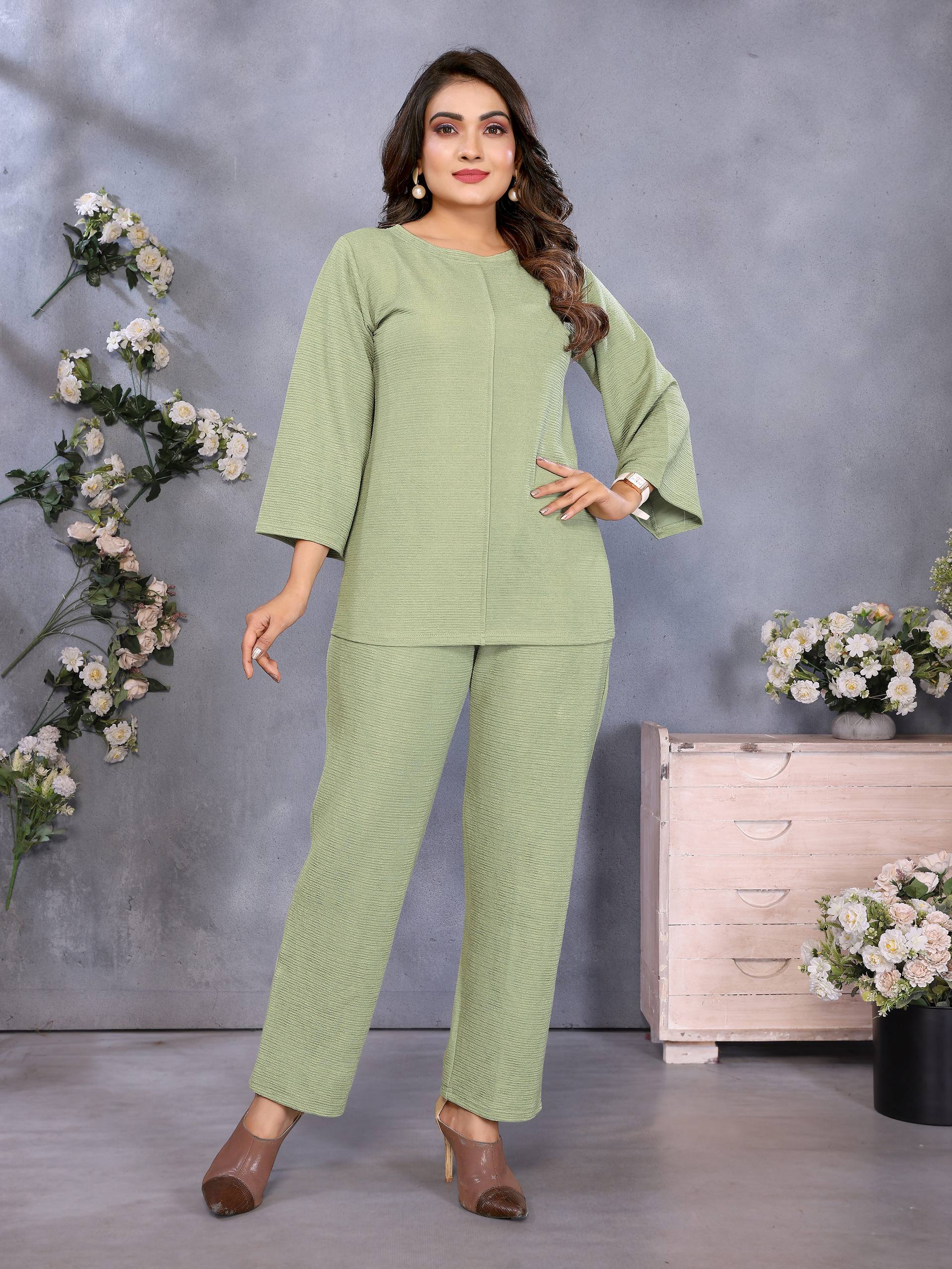 Premium Olive Green Solid Co-Ord Set | Women’s Top & Pant Set