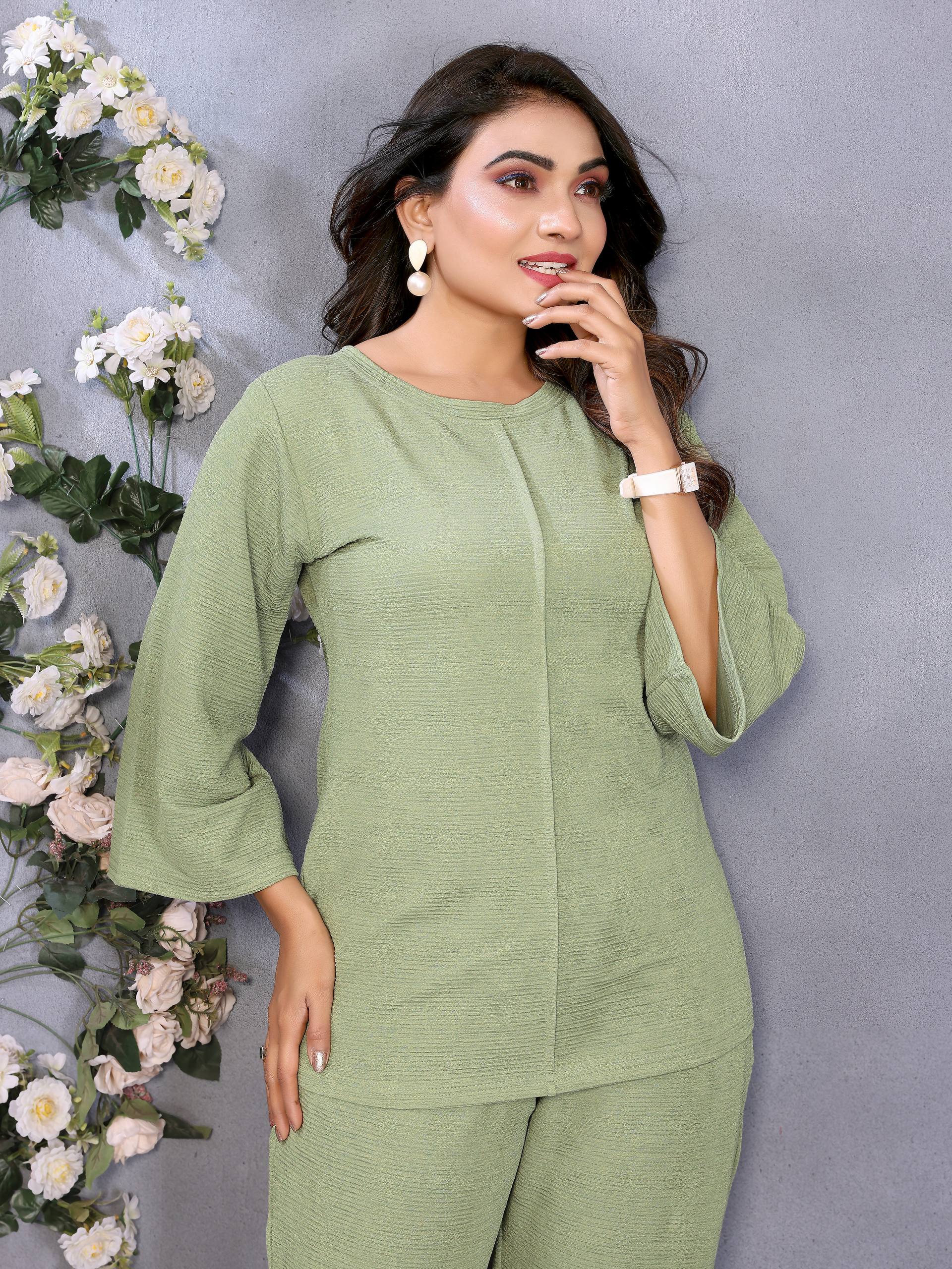 Premium Olive Green Solid Co-Ord Set | Women’s Top & Pant Set