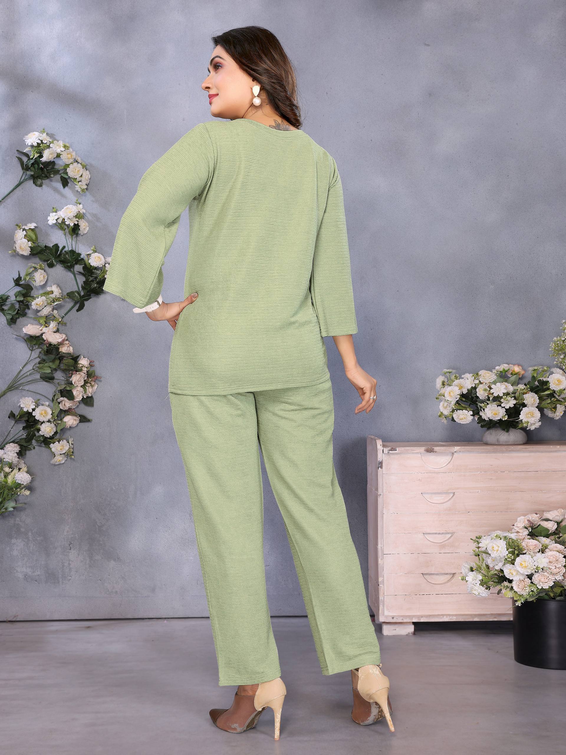 Premium Olive Green Solid Co-Ord Set | Women’s Top & Pant Set