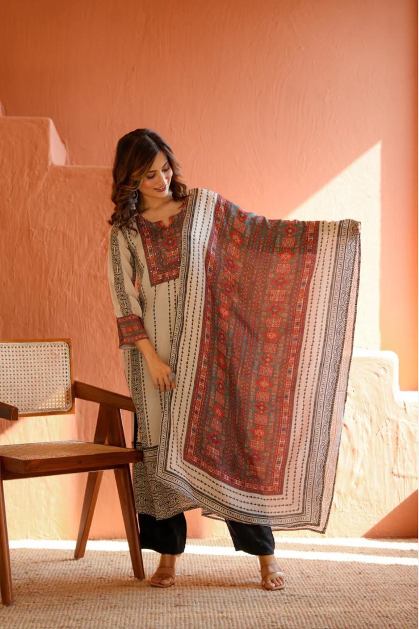 Saanjh Ivory Heritage Printed Kurti with Dupatta