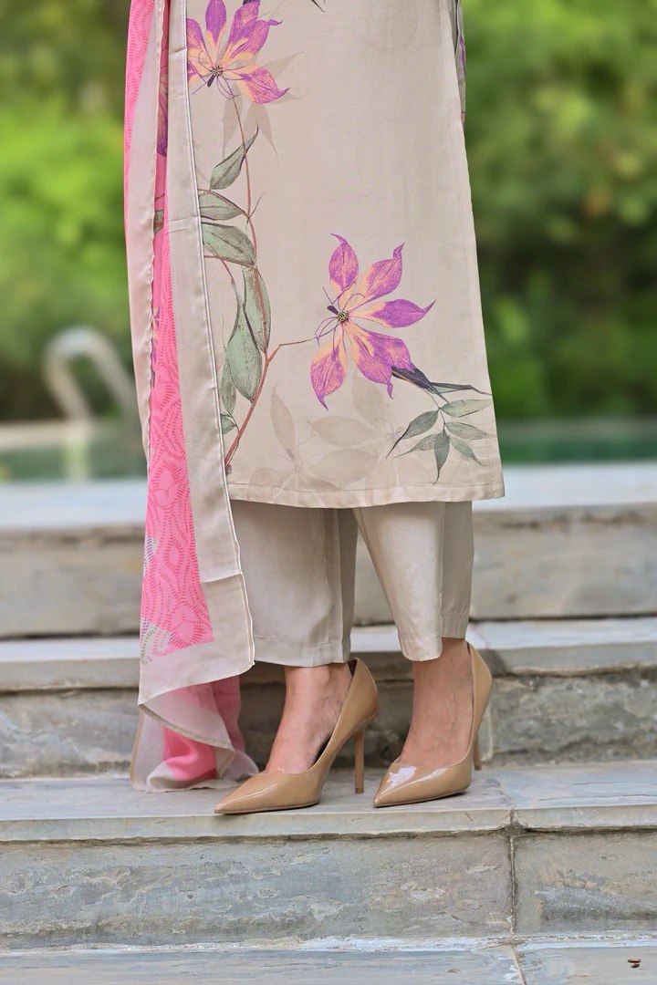 Beige Muslin Embroidered Kurti Set with Floral Print Dupatta