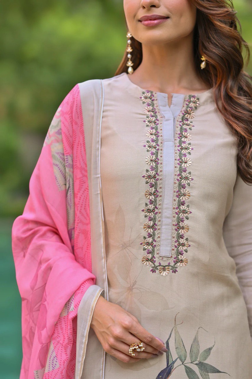 Beige Muslin Embroidered Kurti Set with Floral Print Dupatta