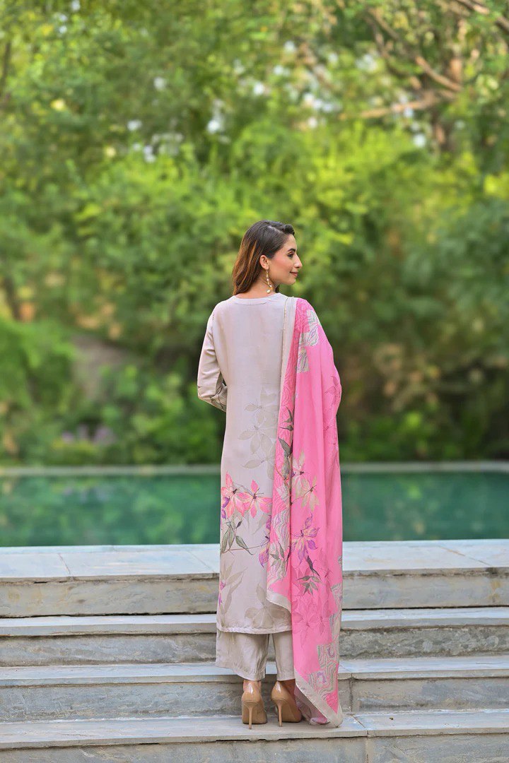 Beige Muslin Embroidered Kurti Set with Floral Print Dupatta