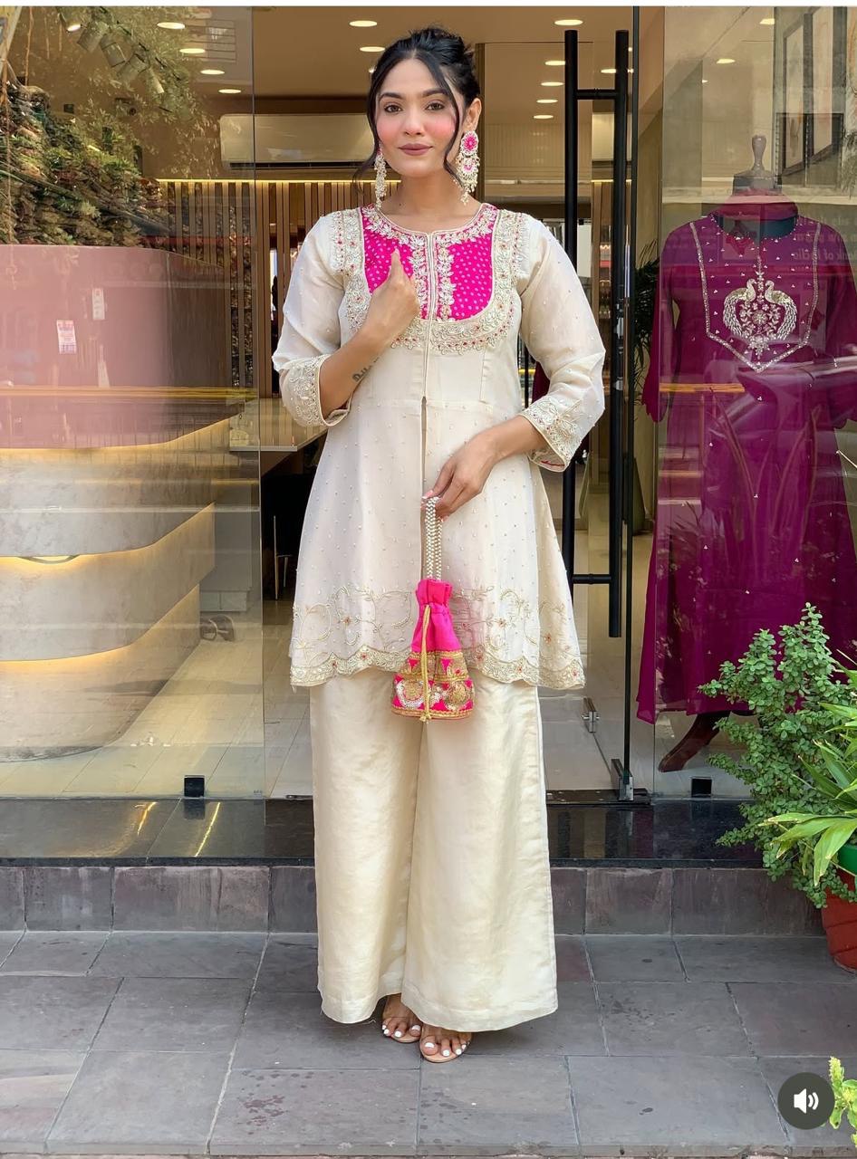 Ivory Muslin Embroidered Kurti Palazzo Set with Mirror Work