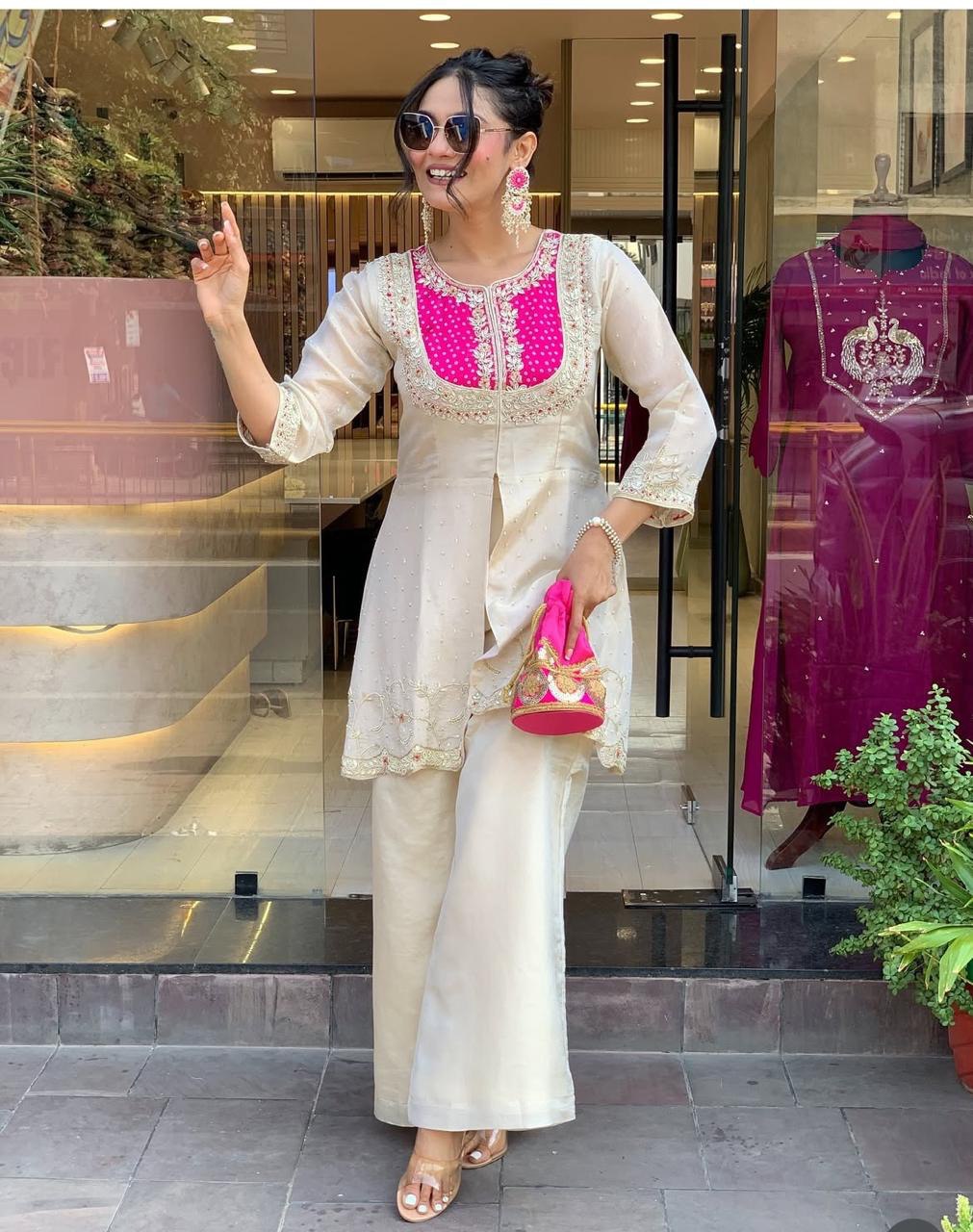 Ivory Muslin Embroidered Kurti Palazzo Set with Mirror Work