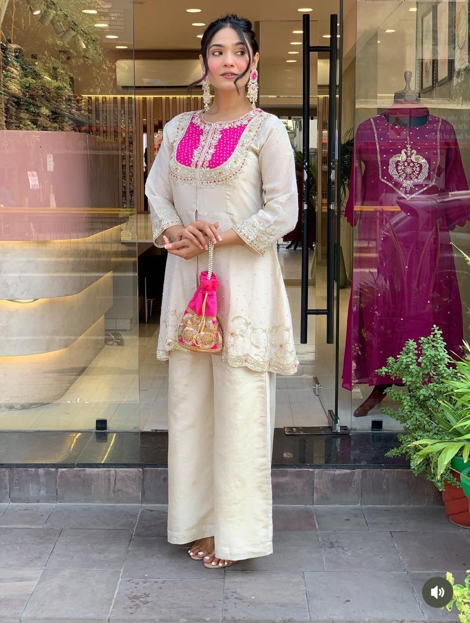 Ivory Muslin Embroidered Kurti Palazzo Set with Mirror Work