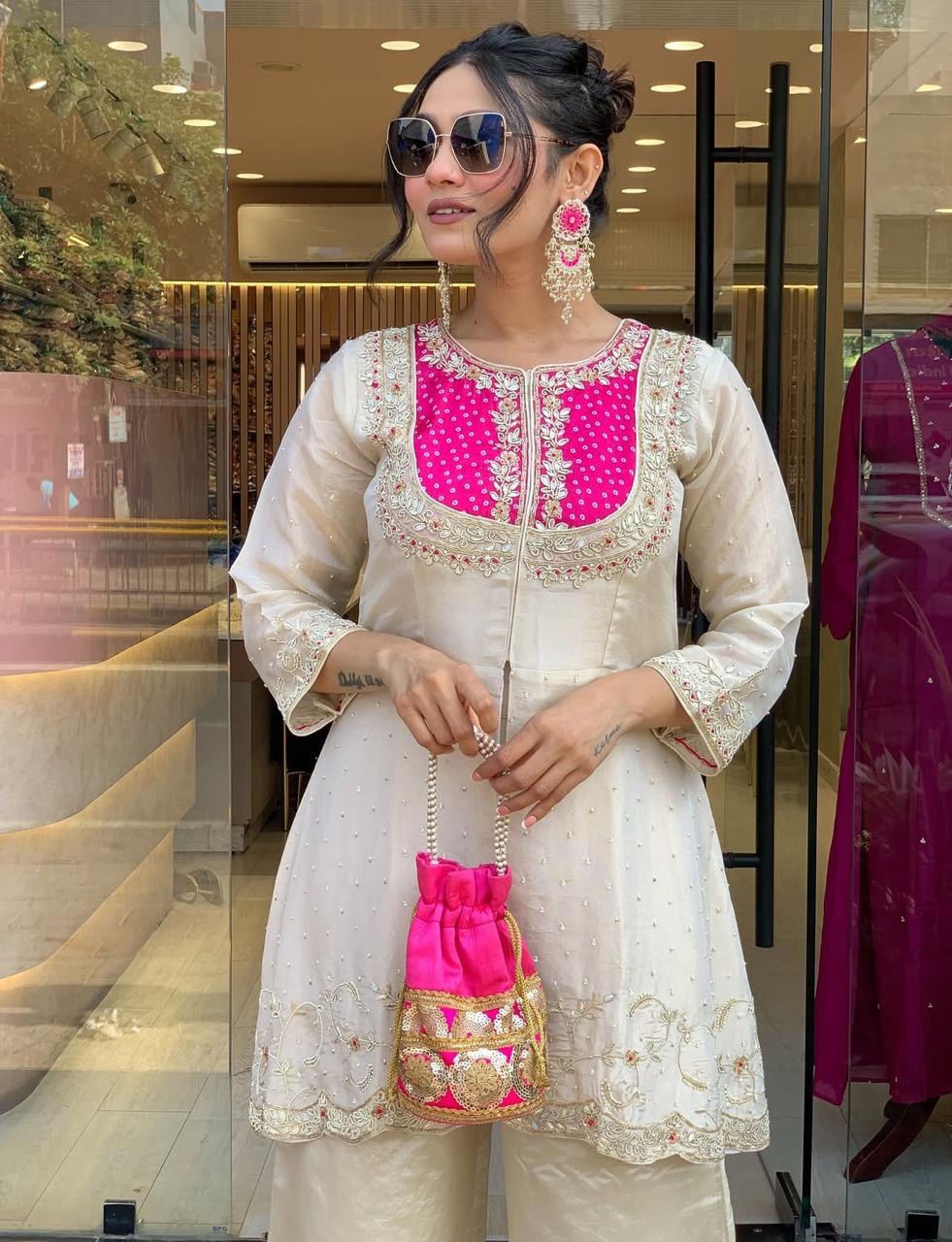 Ivory Muslin Embroidered Kurti Palazzo Set with Mirror Work