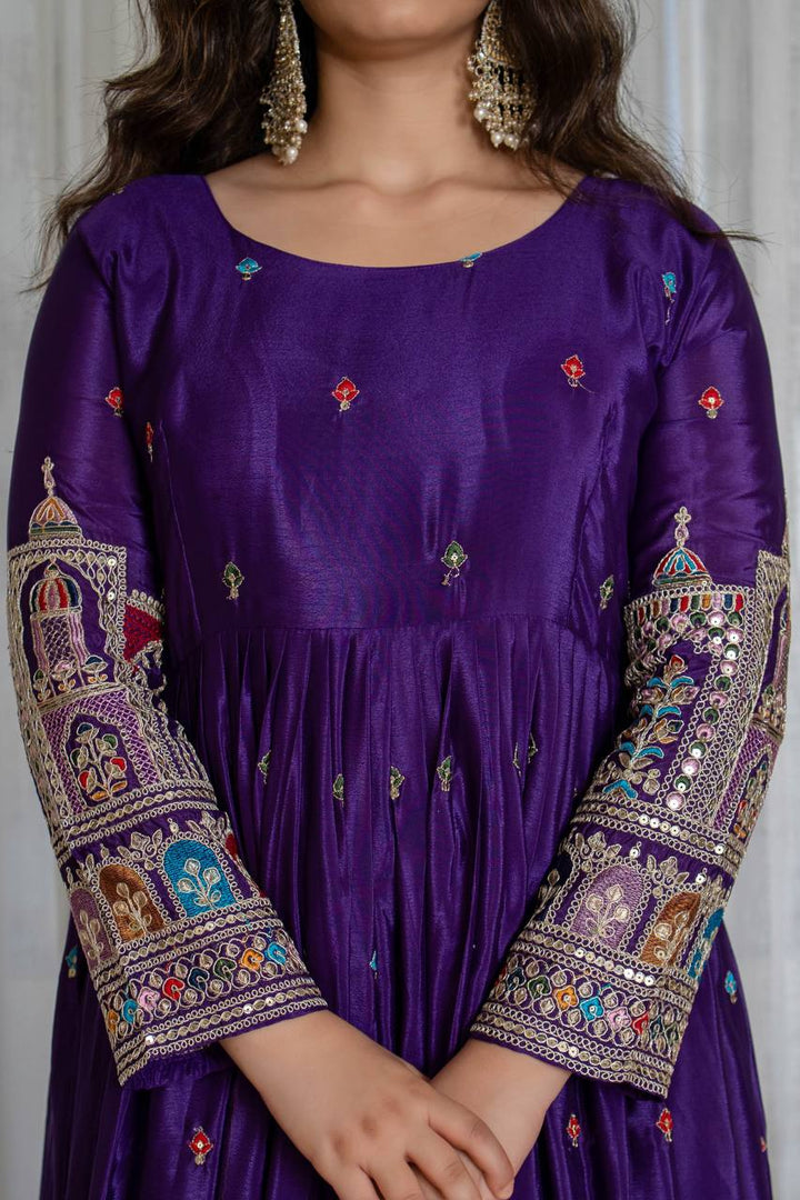 Royal Purple Embroidered Anarkali Gown Set