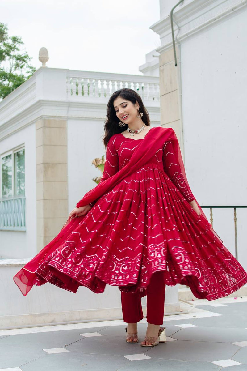 New PartyWear Beautiful Red Color Faux Georgette with all-over embroidery work Anarkali Set