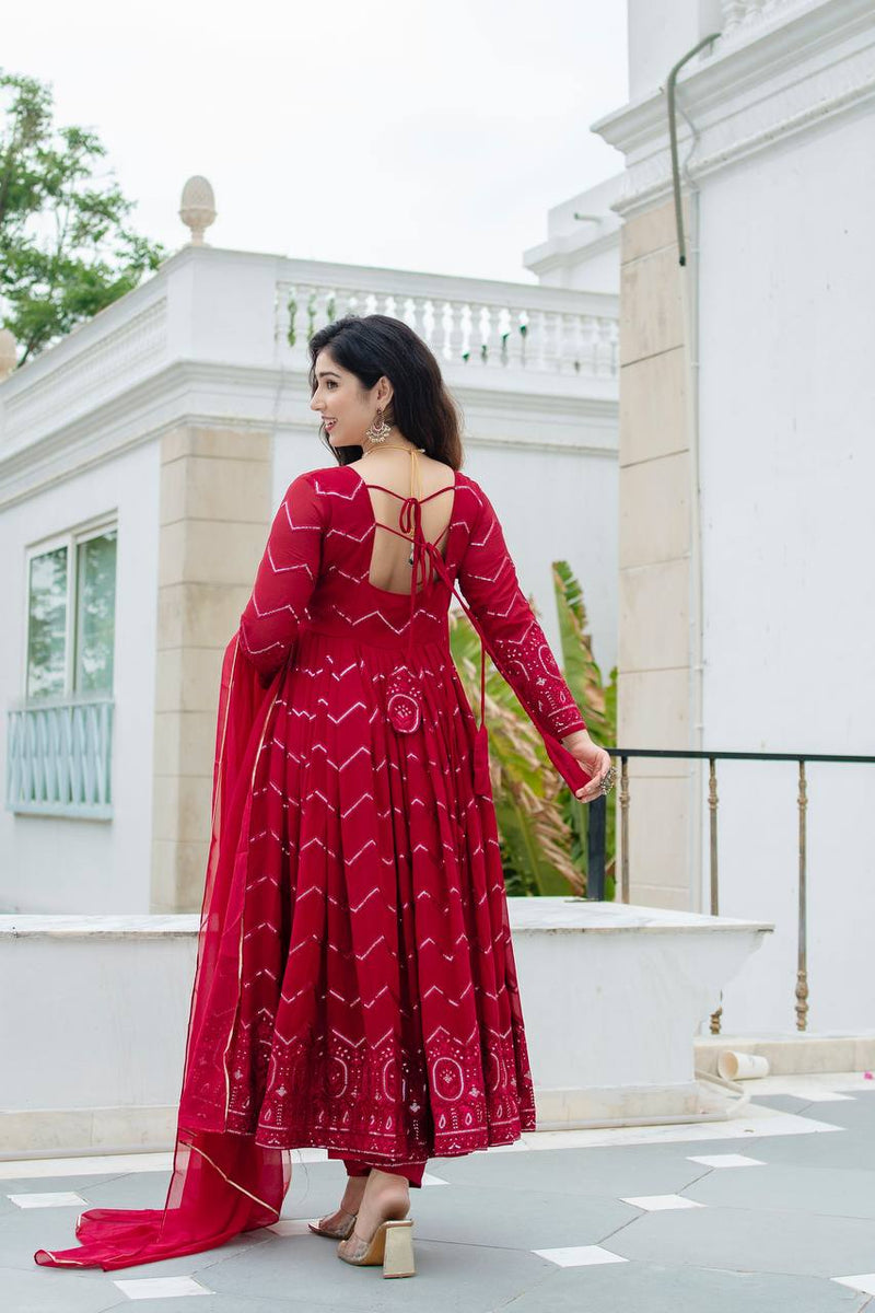New PartyWear Beautiful Red Color Faux Georgette with all-over embroidery work Anarkali Set