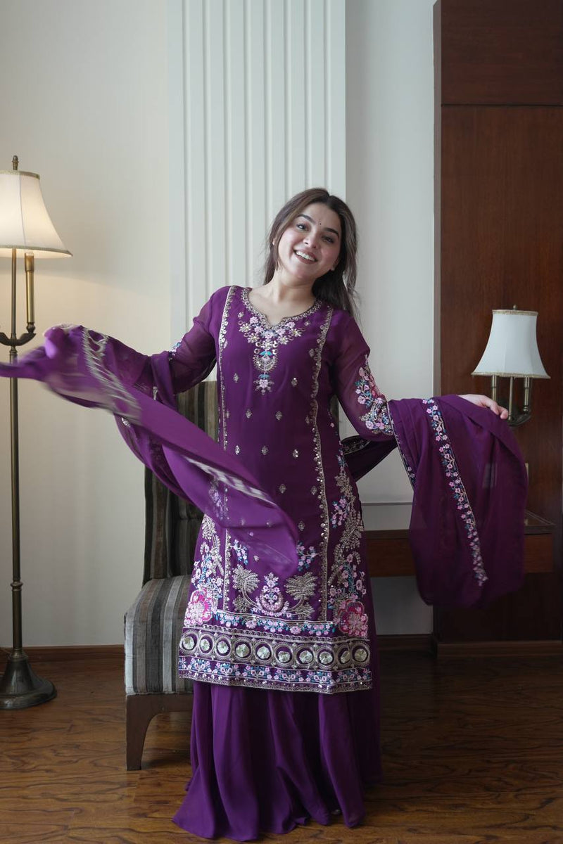 Statement Wear Fox Georgette Embroidered Kurti Palazzo Set with Dupatta