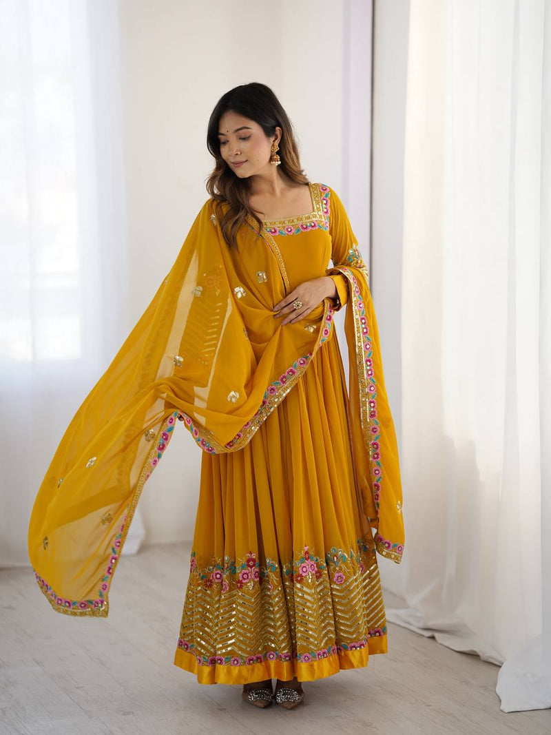 New Designer Mustard Color Premium Heavy Georgette Anarkali Gown With Bottom And Dupatta Set