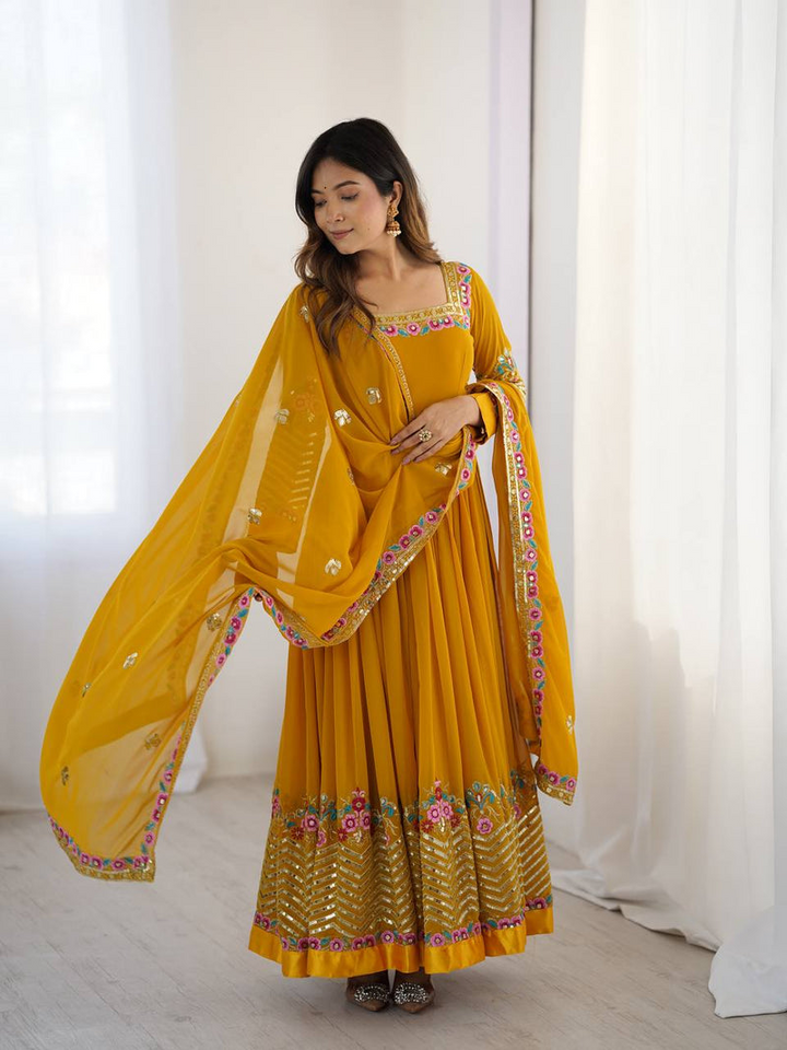 New Designer Mustard Color Premium Heavy Georgette Anarkali Gown With Bottom And Dupatta Set