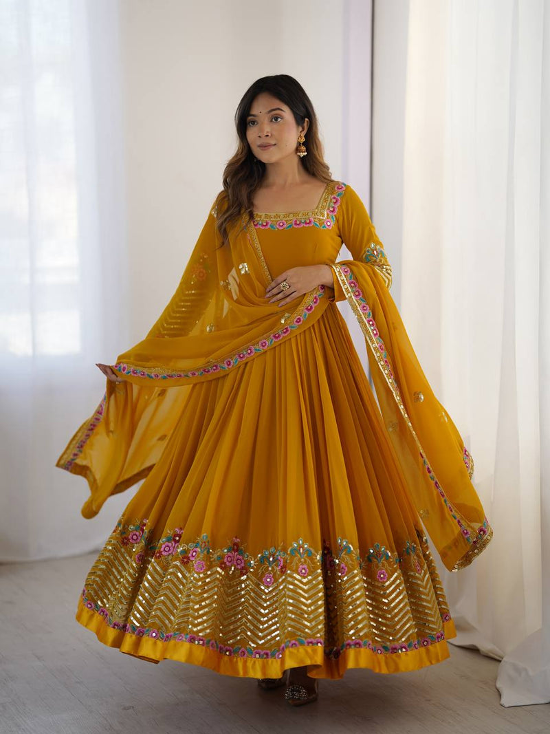 New Designer Mustard Color Premium Heavy Georgette Anarkali Gown With Bottom And Dupatta Set