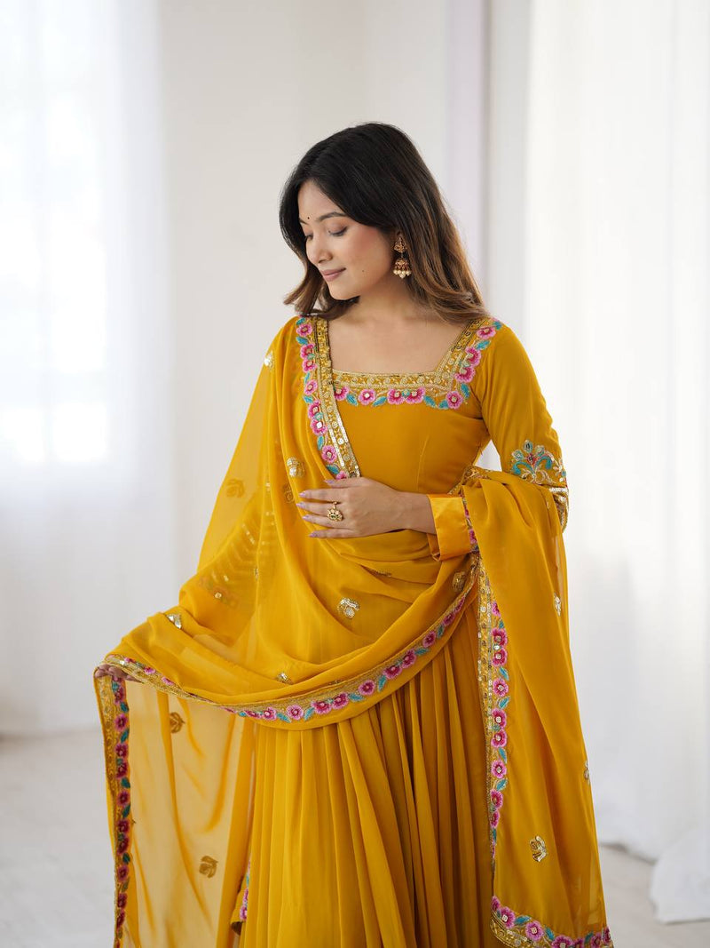 New Designer Mustard Color Premium Heavy Georgette Anarkali Gown With Bottom And Dupatta Set