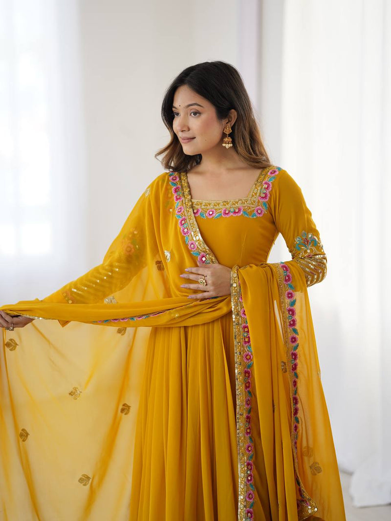 New Designer Mustard Color Premium Heavy Georgette Anarkali Gown With Bottom And Dupatta Set