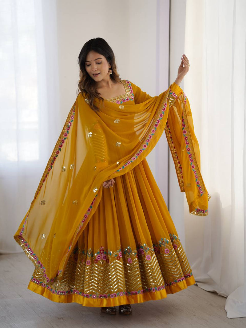 New Designer Mustard Color Premium Heavy Georgette Anarkali Gown With Bottom And Dupatta Set