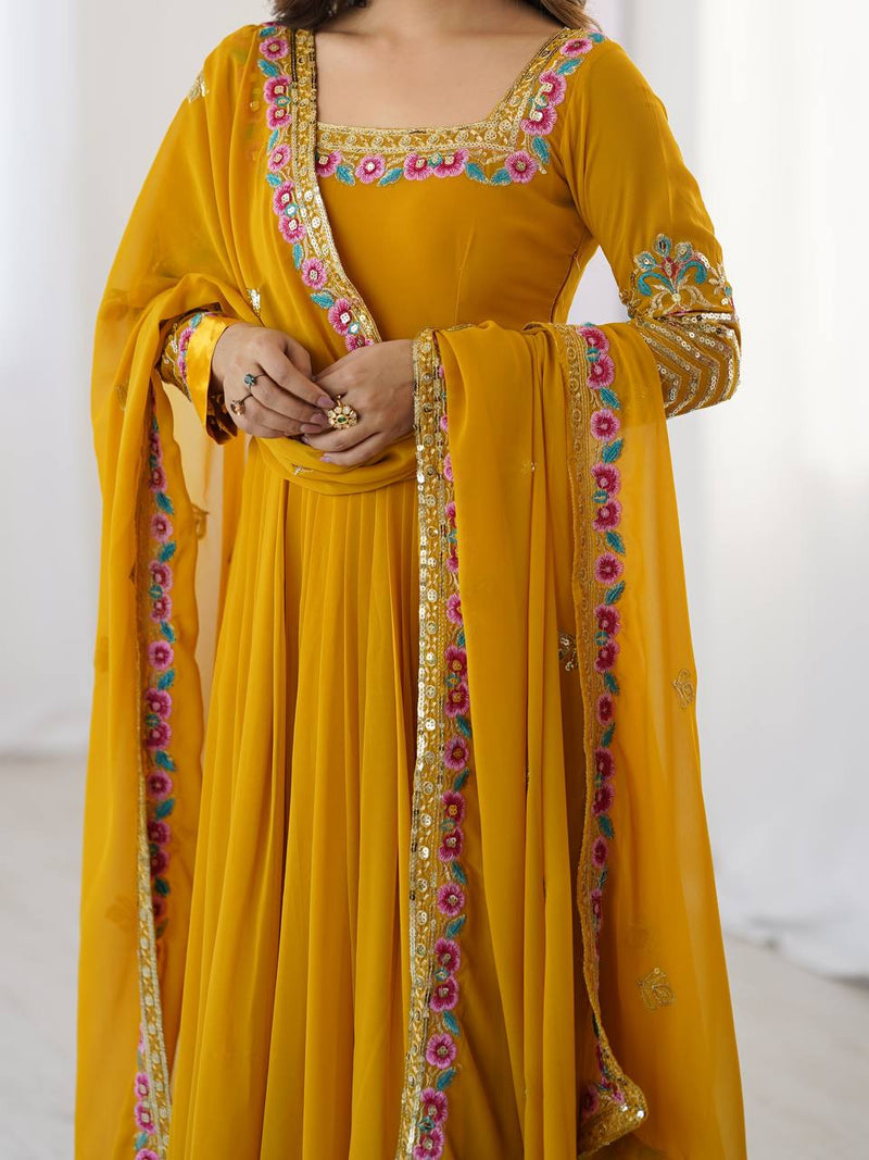 New Designer Mustard Color Premium Heavy Georgette Anarkali Gown With Bottom And Dupatta Set