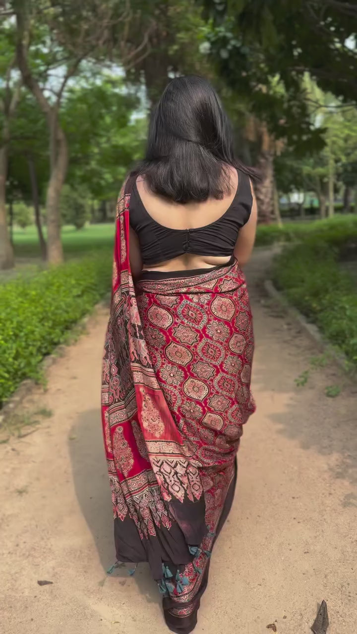 Rust Red Ajrakh Print Soft Silk Saree – Elegant Ethnic Wear for Festive & Daily Styling