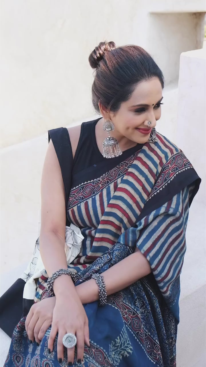 Elegant Multicolor Striped Ajrakh Border Saree