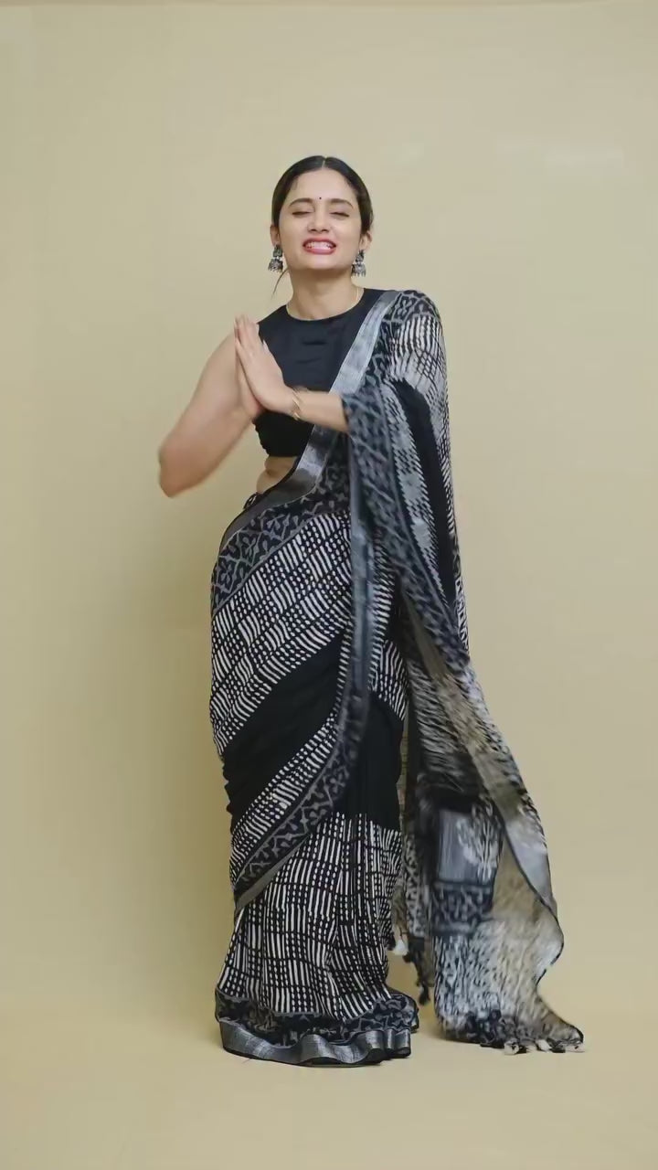 Royal Black Ajrakh Printed Saree