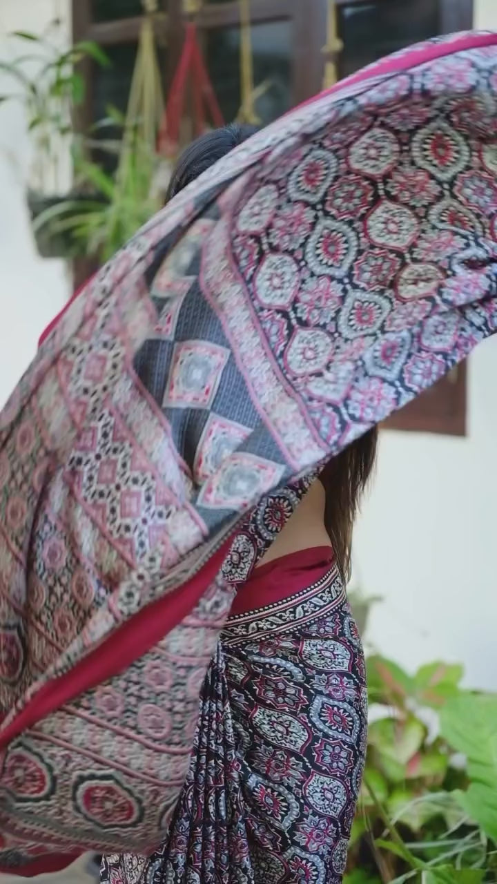 Heritage Ajrakh Digital Printed Saree in Maroon – Wedding & Festive Wear