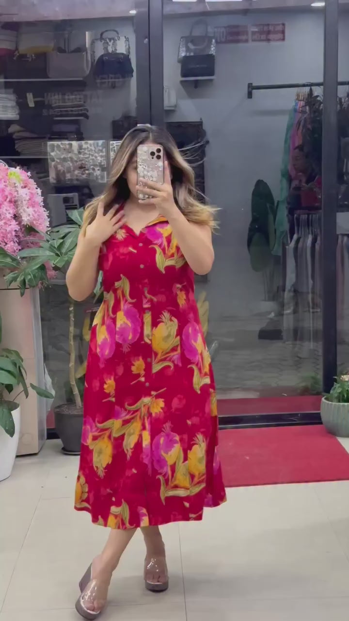 Women’s Floral Printed Sleeveless A-Line Midi Dress