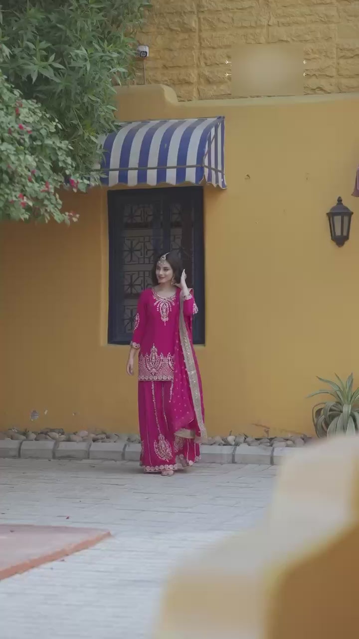 Chinon Silk Kurti Sharara Set with Embroidered Dupatta – Ethnic Party & Festive Wear