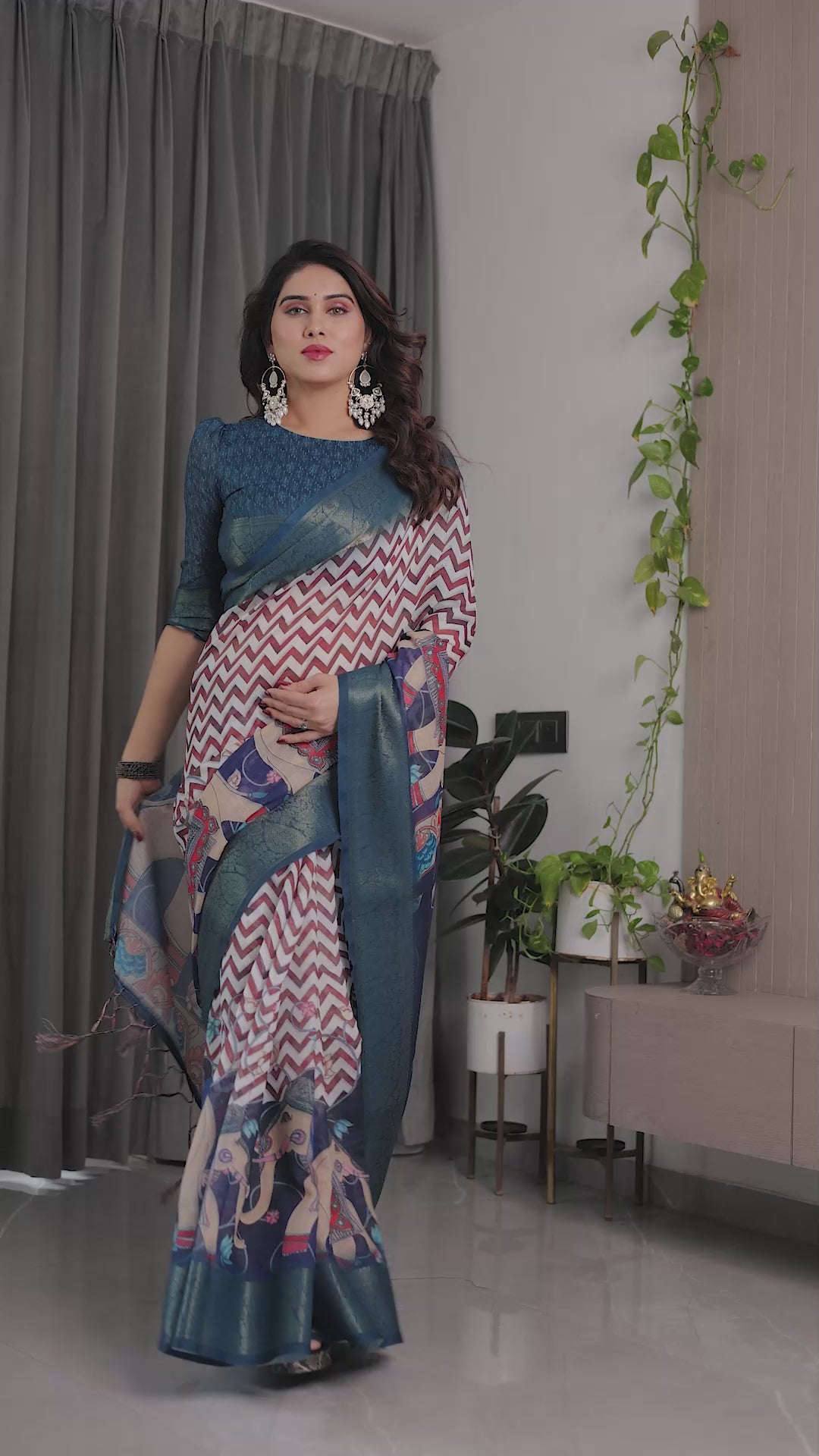 Chevron Print Saree with Royal Blue Zari Border & Artistic Pallu