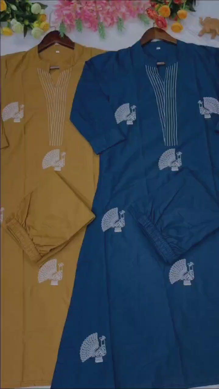 Premium Cotton Peacock Embroidery Kurta Pant Set for Women