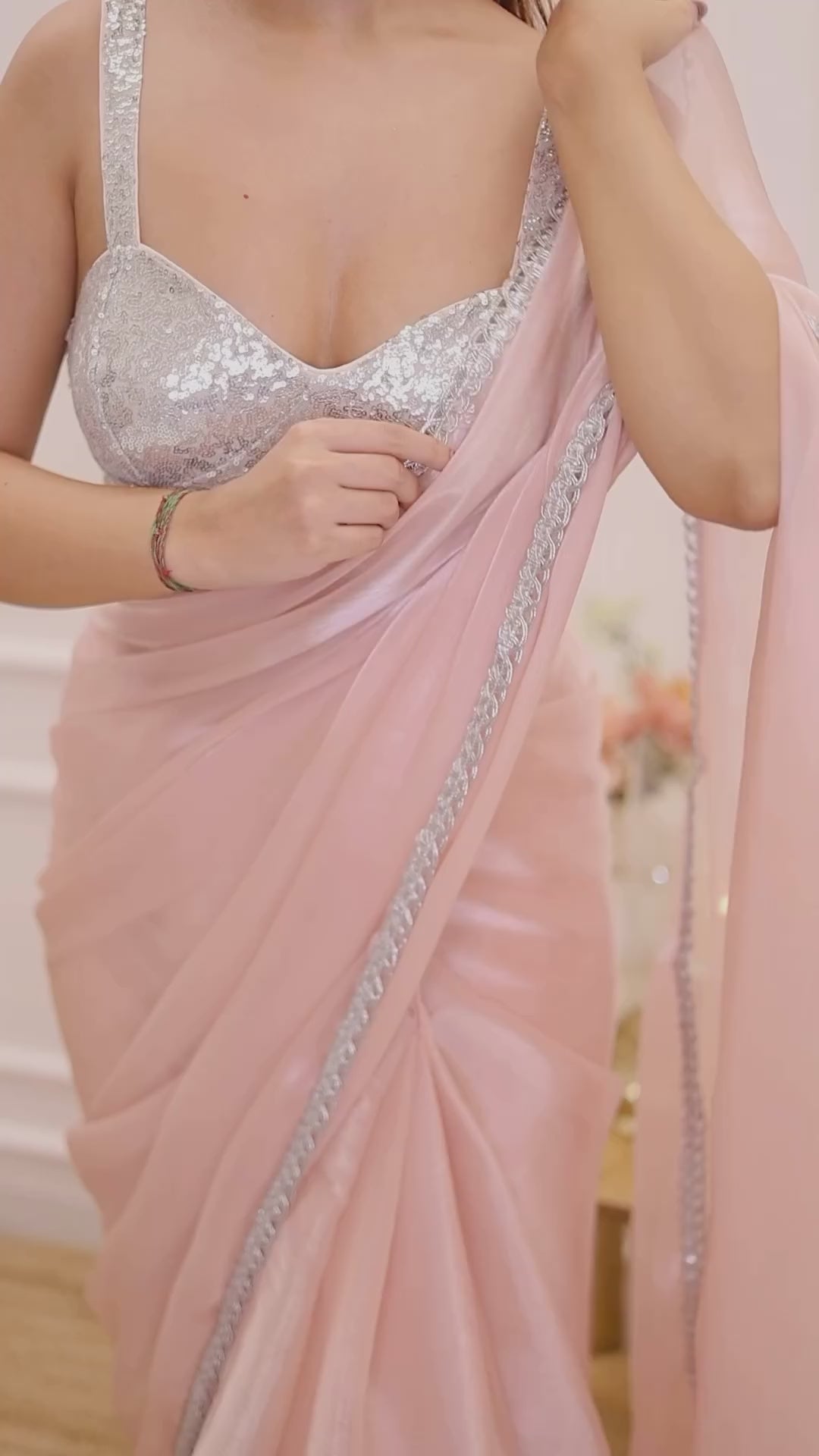 Pastel Peach Organza Saree with Silver Lace Border
