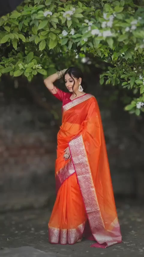 Orange Kanjivaram Organza Silk Saree with Pink Golden Zari Border