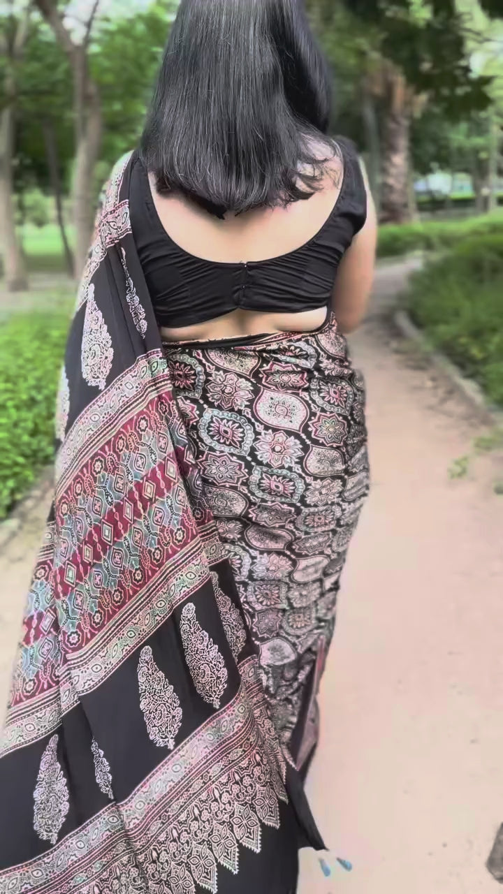 Premium Black Soft Silk Saree with Ajrakh Motifs & Designer Border