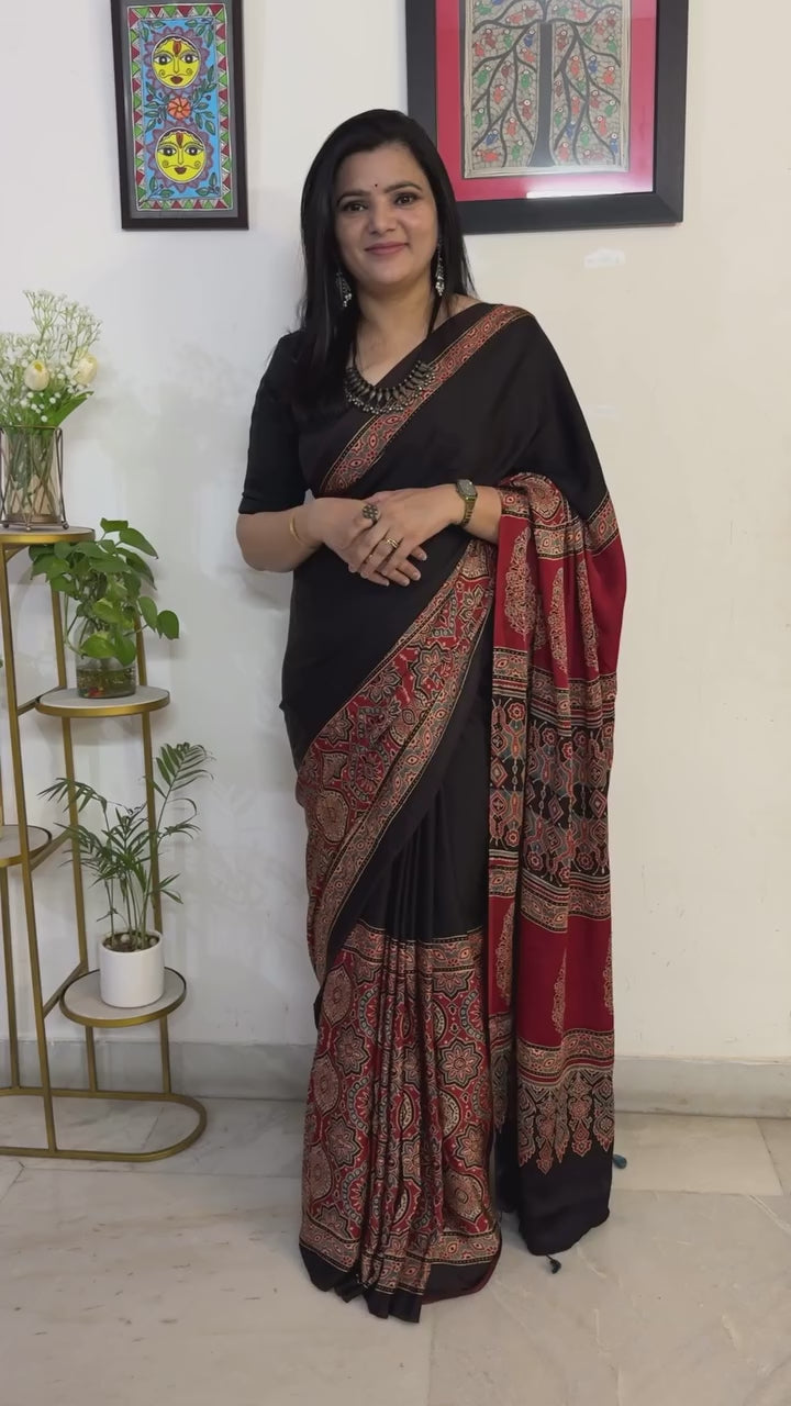 Black Ajrakh Digital Printed Soft Silk Saree with Rich Red Pallu