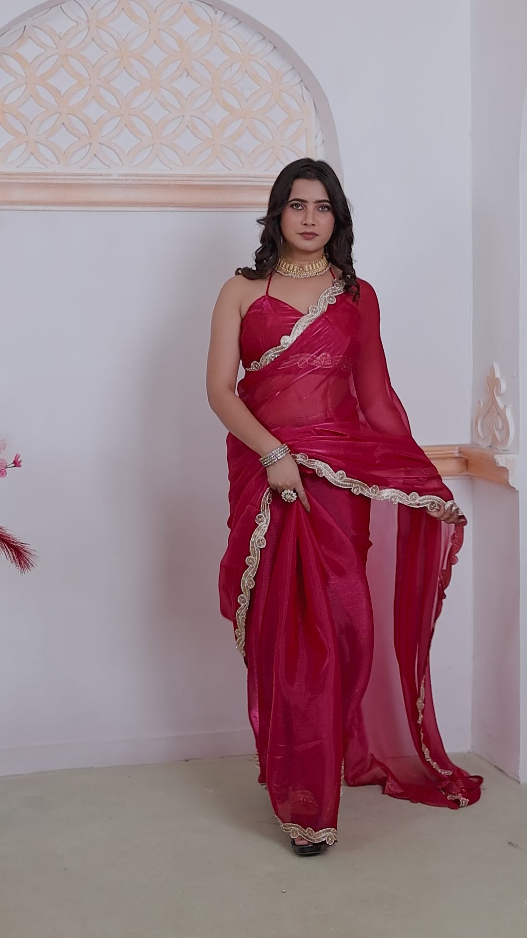 Royal Crimson Pink Designer Silk Saree with Luxurious Golden Lace Border