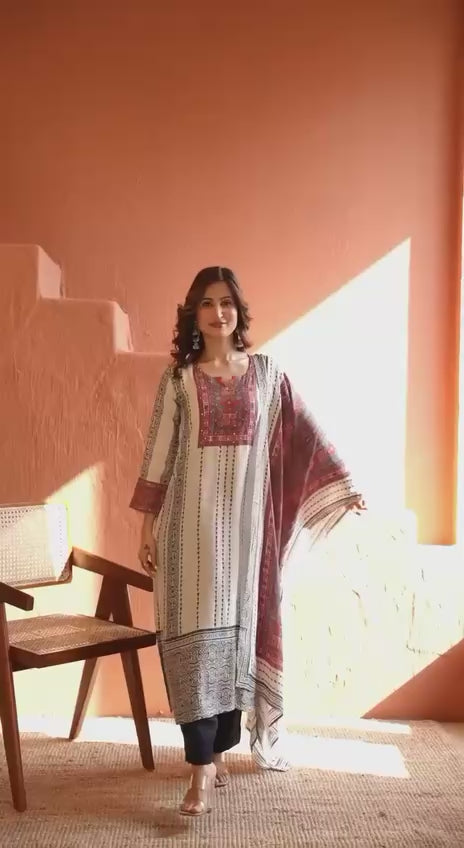 Saanjh Ivory Heritage Printed Kurti with Dupatta
