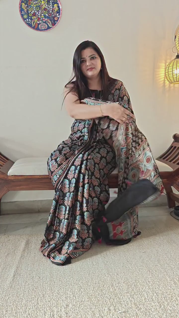 Premium Black Ajrakh Print Soft Silk Saree with Designer Border & Pallu