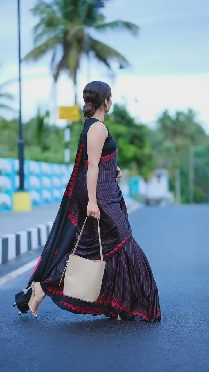Black Red Striped Saree with Zigzag Border – Elegant Daily Wear