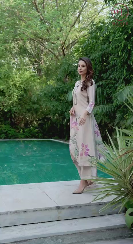 Beige Muslin Embroidered Kurti Set with Floral Print Dupatta