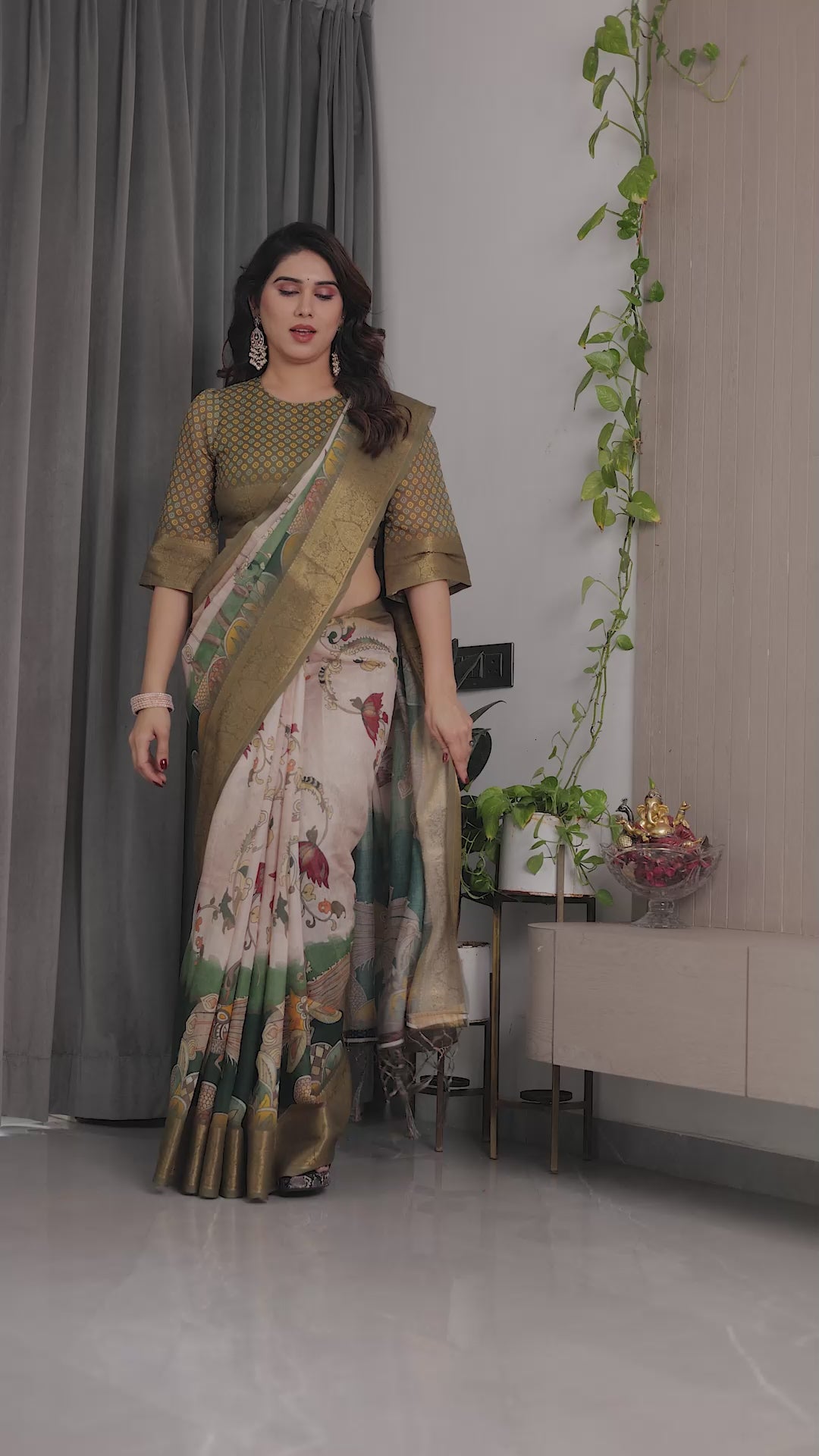 White & Green Art Print Saree with Rich Golden Weaving Border