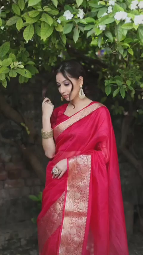 Kanjivaram Organza Silk Saree with Rich Zari Border – Hot Pink Elegance
