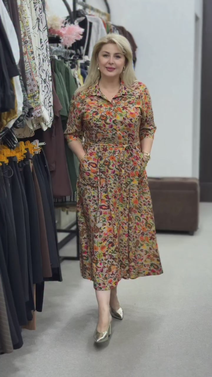Women’s Floral Printed Shirt Collar Midi Dress with Waist Belt