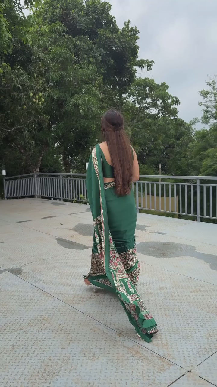 Green Ajrakh Digital Print Saree – Elegant Soft Silk Designer Wear
