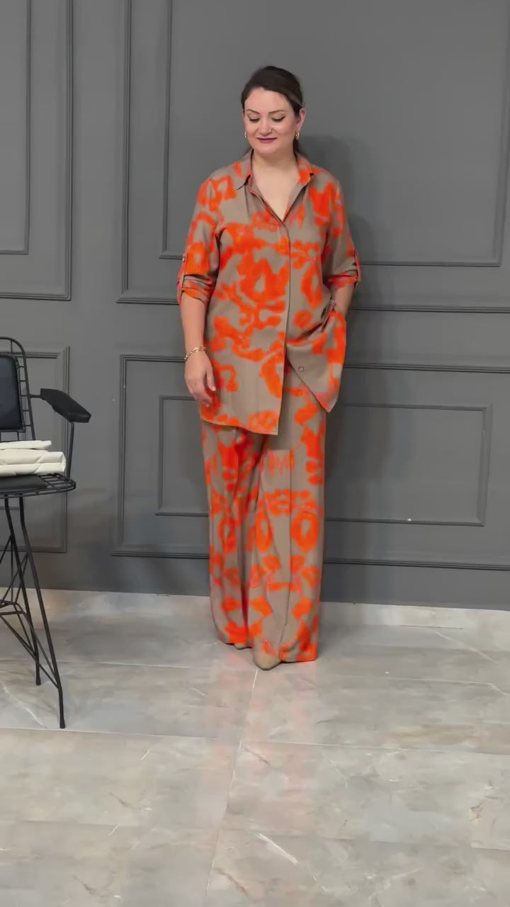 Women’s Orange Printed Co-Ord Set with Wide Leg Pants
