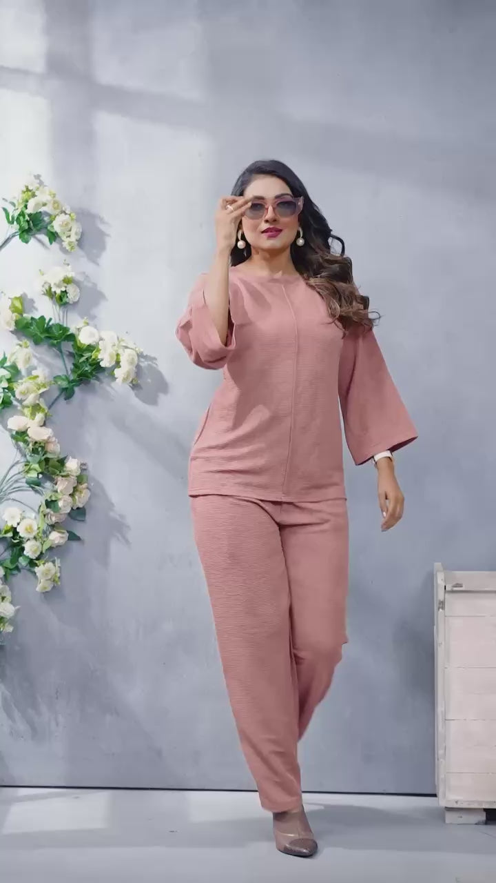Elegant Peach Textured Co-Ord Set for Women | Stylish Top & Pant Set